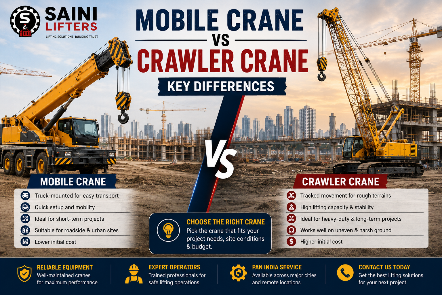 Mobile crane vs crawler crane - key differences comparison guide